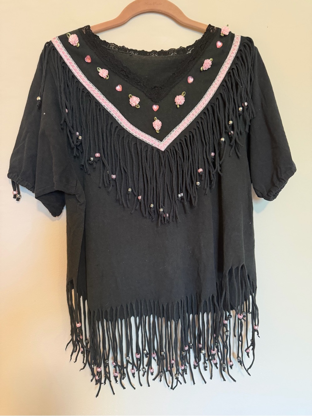 Handmade Vintage 90s Black Fringe Top with Pink Bead & Flower Accents